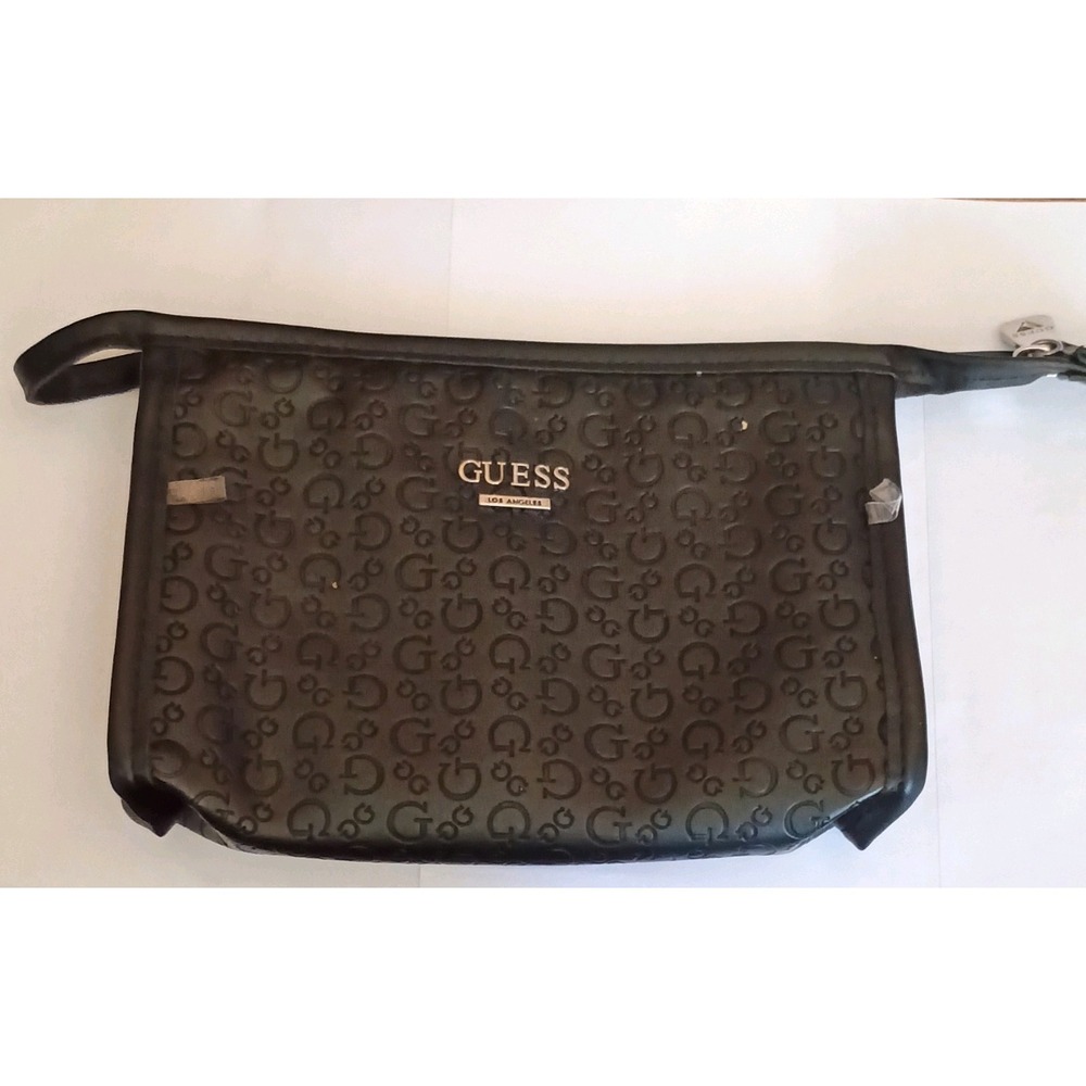 GUESS Black Logo Pattern Clutch Silver Tone Hardware‎ Zip Closure Designer Bag